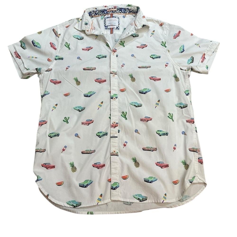 Denim And Flower Button Front Casual Shirt Cars Pineapple All Over Print size L